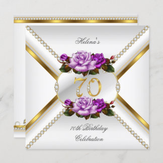 70th Women's Birthday Party White Gold Lilac Rose Invitation