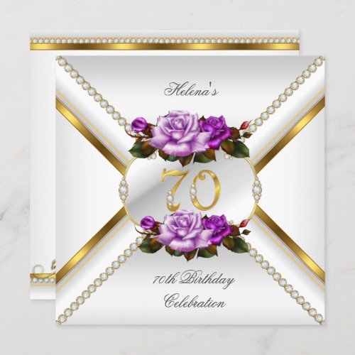 70th Womens Birthday Party White Gold Lilac Rose Invitation