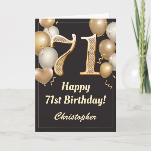 71st Birthday Black and Gold Balloons Confetti Card