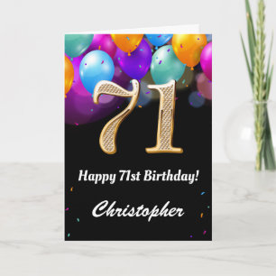 71st Birthday Black and Gold Colorful Balloons Card