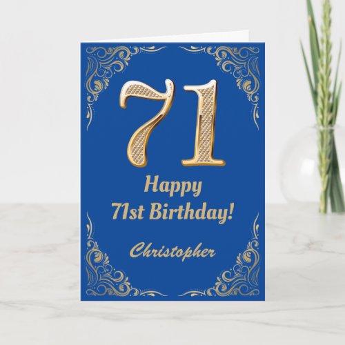 71st Birthday Blue and Gold Glitter Frame Card