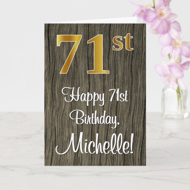 71st Birthday: Elegant Faux Gold Look #, Faux Wood Card (Orchid)