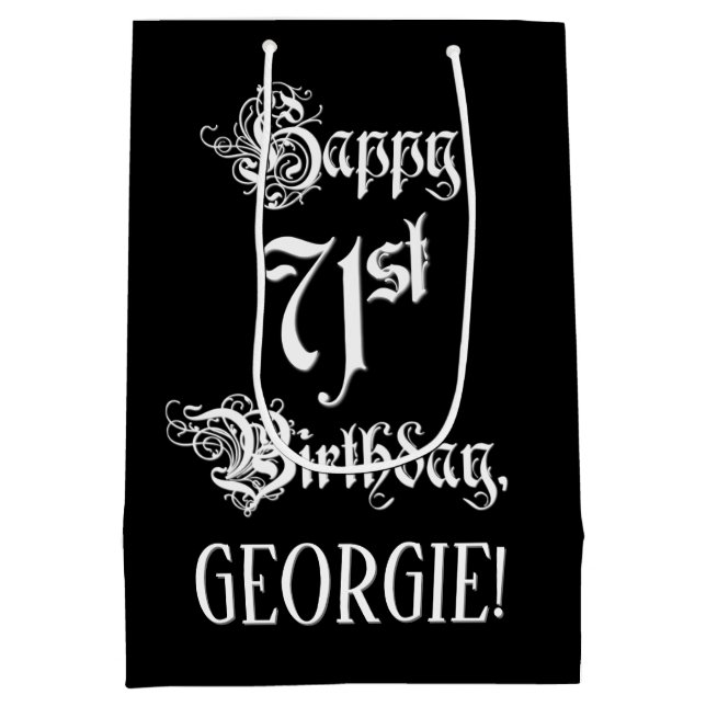71st Birthday: Fancy, Elegant Script + Custom Name Medium Gift Bag (Back)