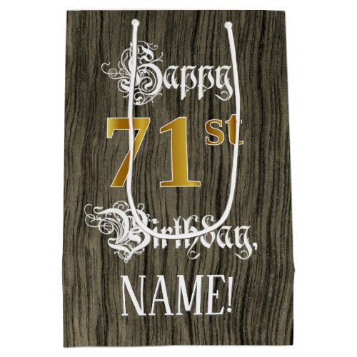 71st Birthday Faux Gold Look  Faux Wood Pattern Medium Gift Bag