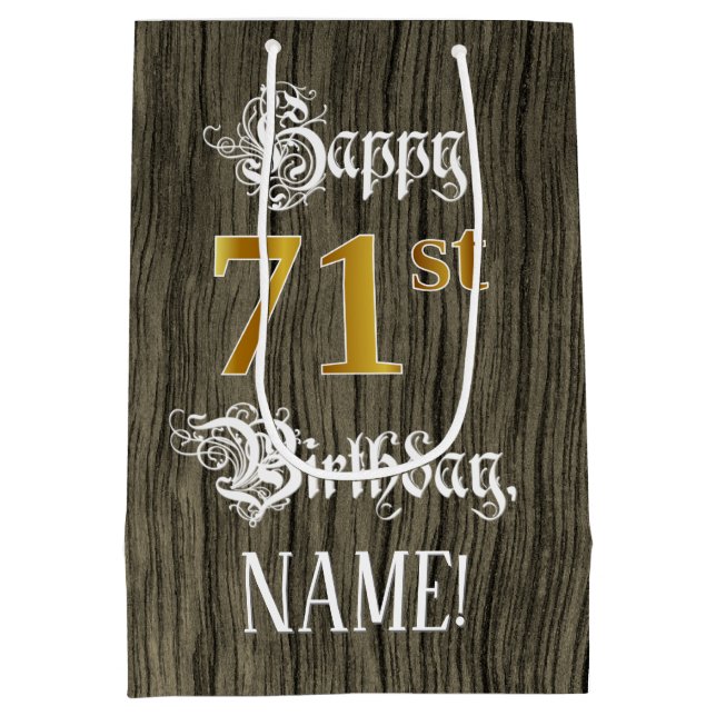 71st Birthday: Faux Gold Look & Faux Wood Pattern Medium Gift Bag (Back)
