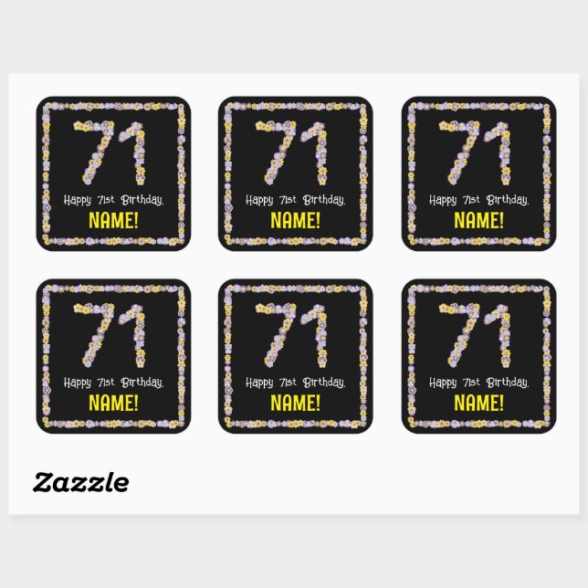 71st Birthday: Floral Flowers Number, Custom Name Square Sticker (Sheet)