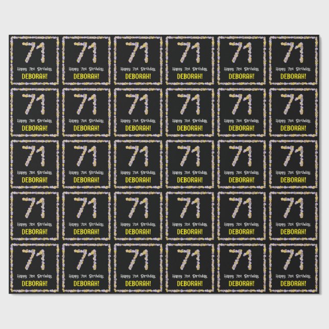 71st Birthday: Floral Flowers Number, Custom Name Wrapping Paper (Flat)