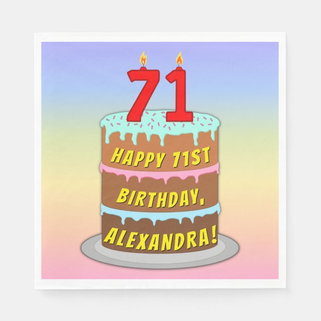 71st Birthday: Fun Cake and Candles + Custom Name Napkins (Front)