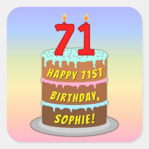 71st Birthday: Fun Cake and Candles + Custom Name Square Sticker