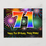 [ Thumbnail: 71st Birthday – Fun Fireworks Pattern + Rainbow 71 Postcard ]
