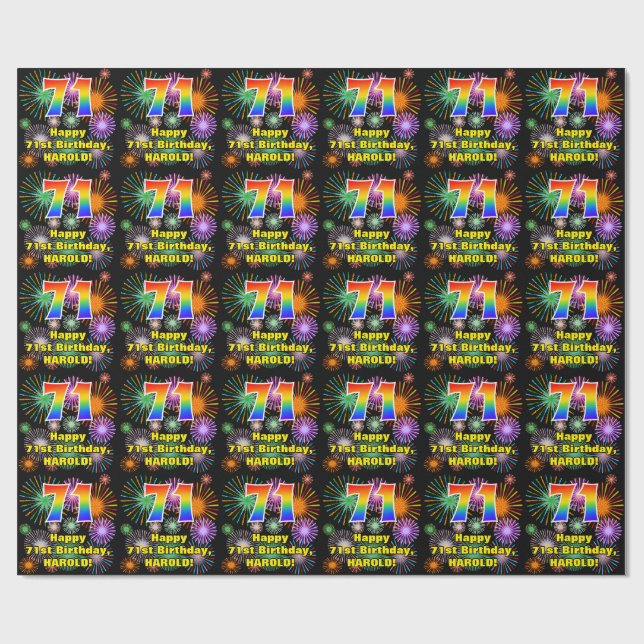 71st Birthday: Fun Fireworks, Rainbow Look # “71” Wrapping Paper (Flat)