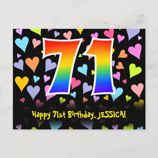 71st Birthday: Fun Hearts Pattern, Rainbow 71 Postcard (Front)