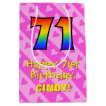 [ Thumbnail: 71st Birthday: Fun Pink Hearts Stripes; Rainbow 71 Gift Bag ]