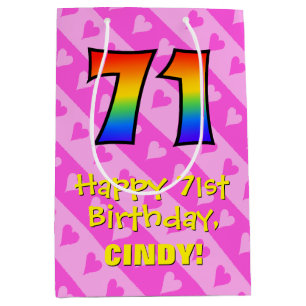 71st Birthday: Fun Pink Hearts Stripes; Rainbow 71 Medium Gift Bag