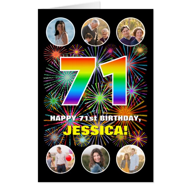 71st Birthday: Fun Rainbow #, Custom Name + Photos Card (Front)