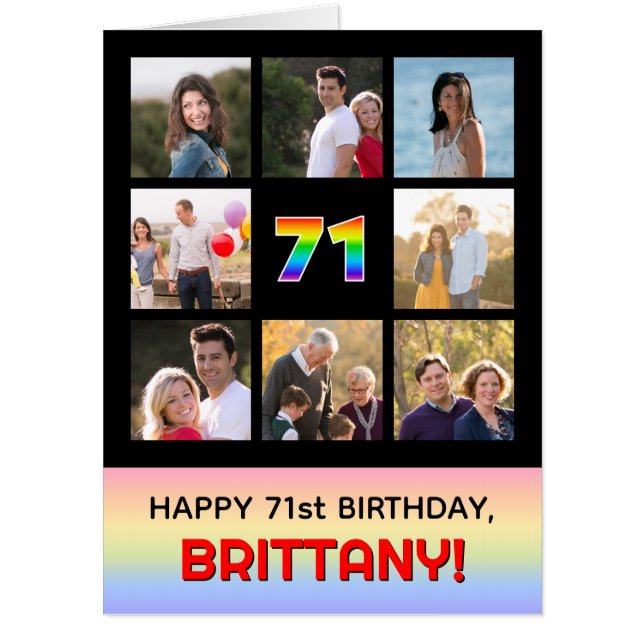 71st Birthday: Fun Rainbow #, Custom Photos & Name Card (Front)