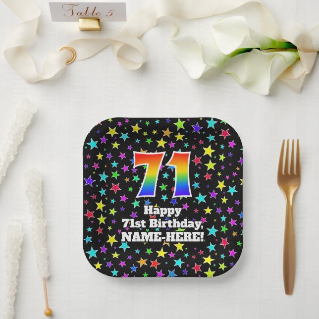 71st Birthday: Fun Stars Pattern and Rainbow “71” Paper Plates (Wedding)