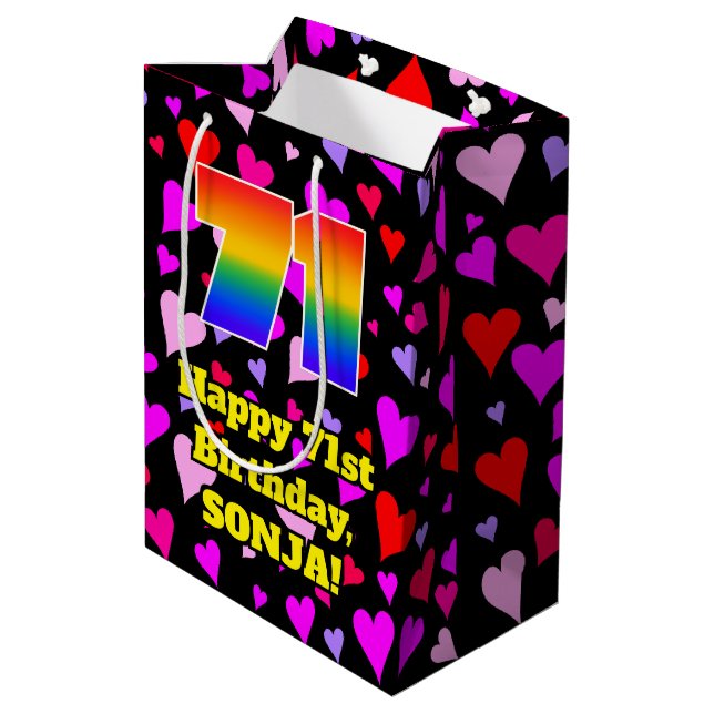 71st Birthday: Loving Hearts Pattern, Rainbow # 71 Medium Gift Bag (Back Angled)