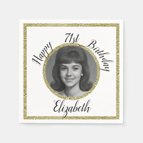 71st Birthday Napkins Custom Photo White and Gold
