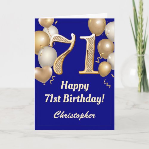 71st Birthday Navy Blue and Gold Balloons Confetti Card