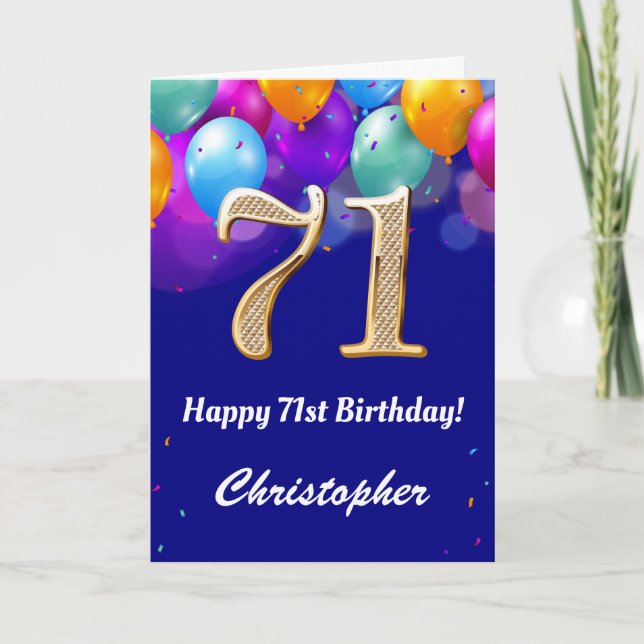 71st Birthday Navy Blue and Gold Colorful Balloons Card (Front)