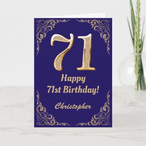 71st Birthday Navy Blue and Gold Glitter Frame Card
