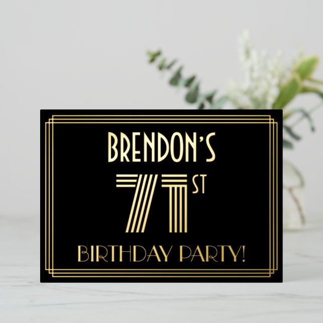 71st Birthday Party — Art Deco Style “71” + Name Foil Invitation (Standing Front)