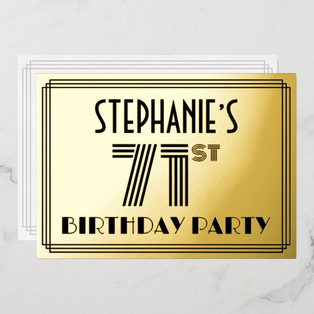 71st Birthday Party — Art Deco Style “71” & Name Foil Invitation (Front/Back)