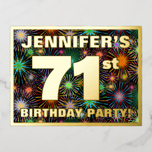 71st Birthday Party: Bold, Colorful Fireworks Look Foil Invitation Postcard
