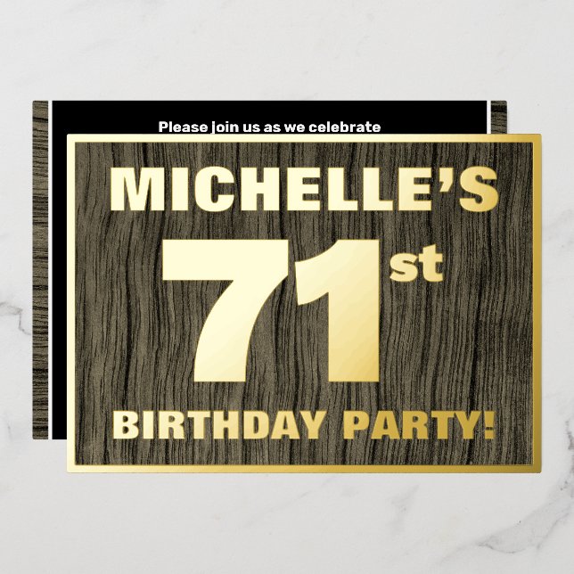 71st Birthday Party: Bold, Faux Wood Grain Pattern Foil Invitation (Front/Back)
