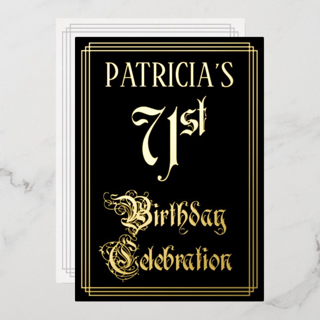 71st Birthday Party — Fancy Script & Custom Name Foil Invitation (Front/Back)