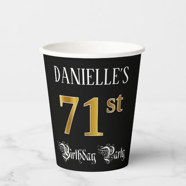 71st Birthday Party — Fancy Script, Faux Gold Look Paper Cups (Front)