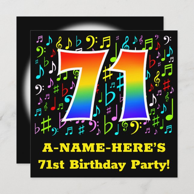 71st Birthday Party: Fun Music Symbols, Rainbow 71 Invitation (Front/Back)