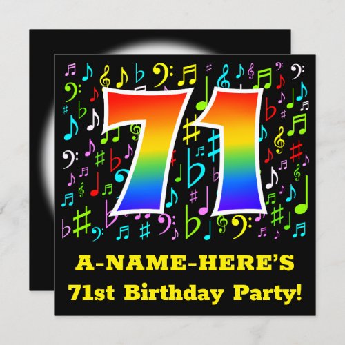 71st Birthday Party Fun Music Symbols Rainbow 71 Invitation
