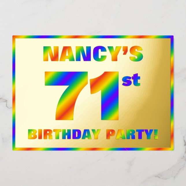 71st Birthday Party — Fun, Rainbow Spectrum “71” Foil Invitation (Front)