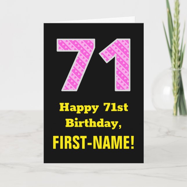 71st Birthday: Pink Stripes and Hearts "71" + Name Card (Front)