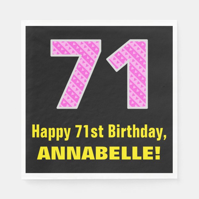 71st Birthday: Pink Stripes and Hearts "71" + Name Napkins (Front)