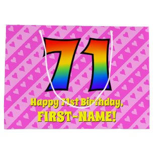 71st Birthday: Pink Stripes & Hearts, Rainbow # 71 Large Gift Bag