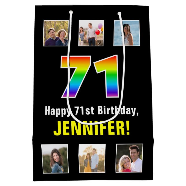71st Birthday: Rainbow “71“, Custom Photos & Name Medium Gift Bag (Back)