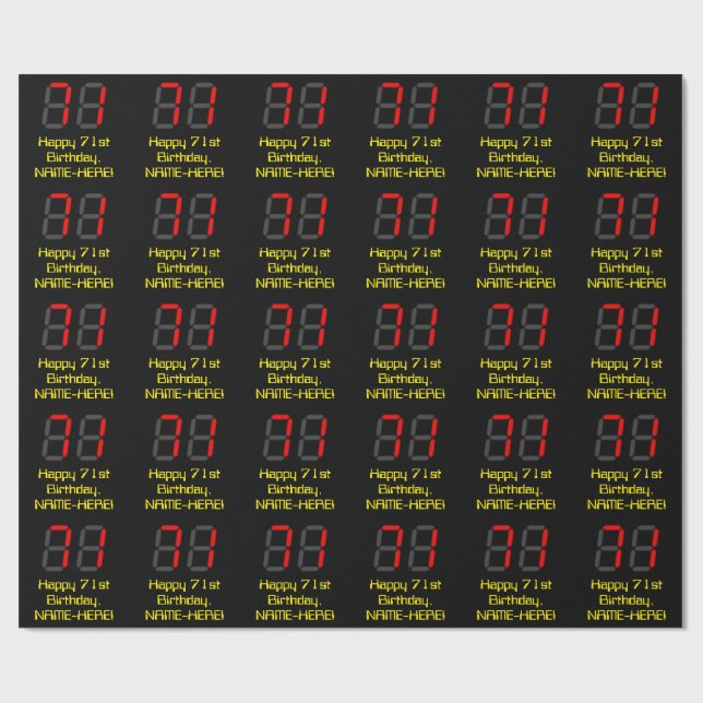 71st Birthday: Red Digital Clock Style "71" + Name Wrapping Paper (Flat)