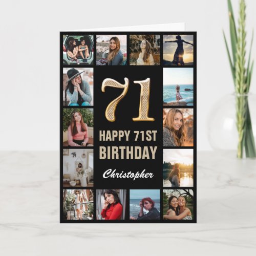 71st Happy Birthday Black and Gold Photo Collage Card