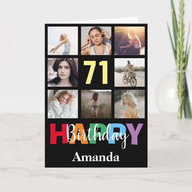 71st Happy Birthday Photo Collage Modern Black Card (Front)