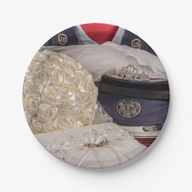 7263-Military Wedding w/Uniform & Bouquet Paper Plates (Front)