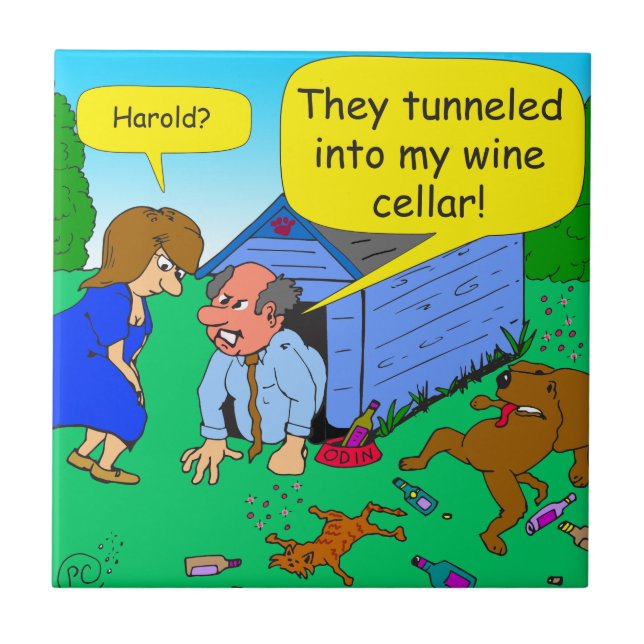 726 Wine cellar dog and cat cartoon Ceramic Tile (Front)