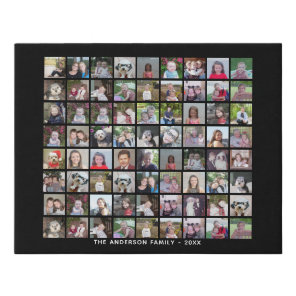 72 Square Photo Collage Grid with Text - black Faux Canvas Print