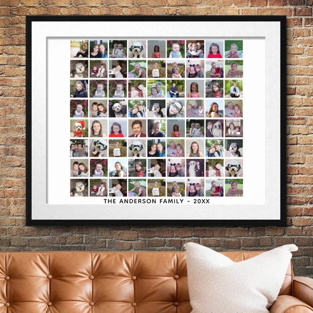 72 Square Photo Collage Grid with Text - white Poster (Custom Photo Collage Poster)