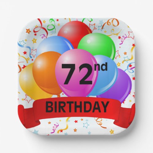 72nd Birthday Balloons Banner Paper Plates