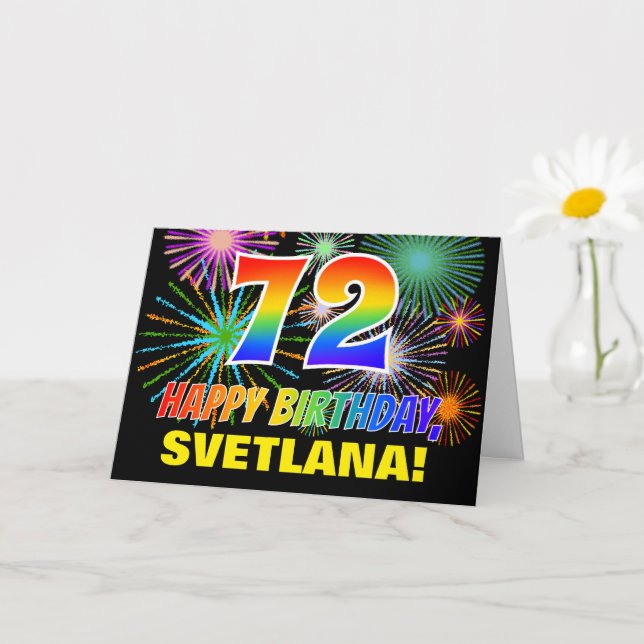 72nd Birthday: Bold, Fun, Fireworks, Rainbow 72 Card (Small Plant)