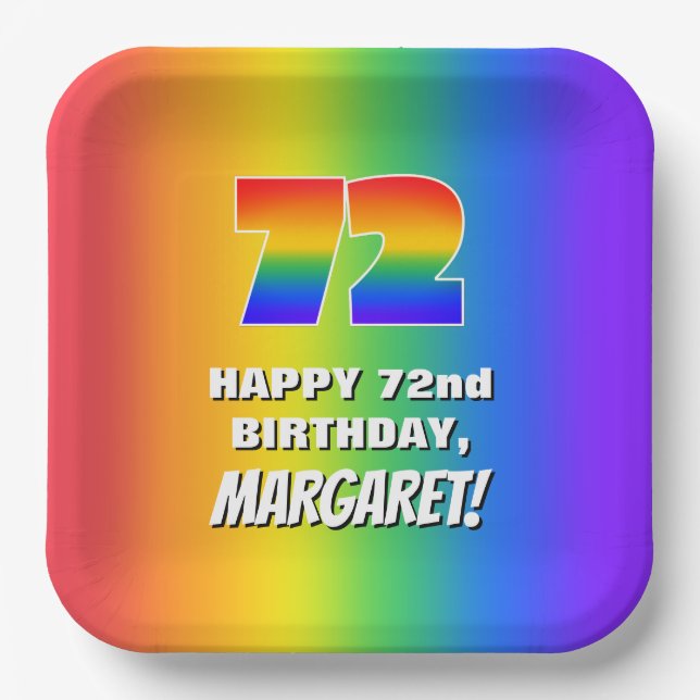 72nd Birthday: Colorful, Fun Rainbow Pattern # 72 Paper Plates (Front)