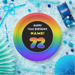 72nd Birthday: Colorful Rainbow # 72, Custom Name Paper Plates